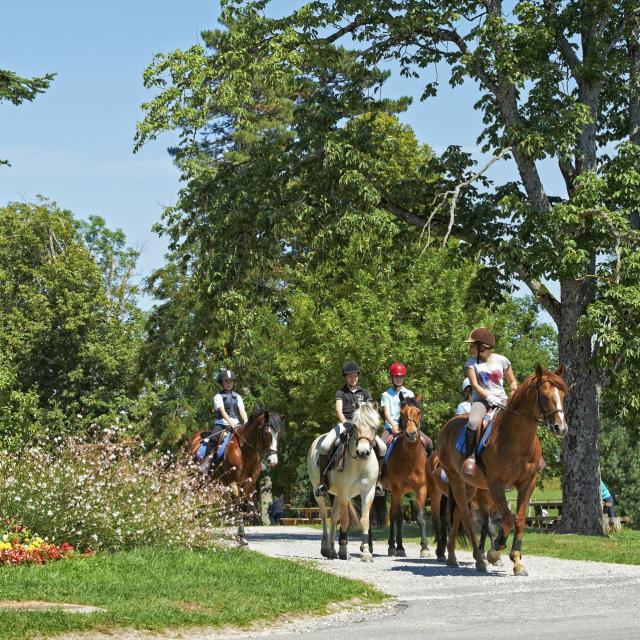 Balade à cheval d'un groupe de personnes au coeur du centre équestre de Combelles, près de Rodez