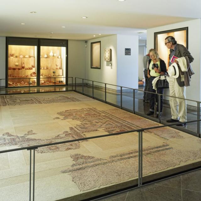 Couple de touristes admirant la mosaïque gallo-romaine exposée au sol au musée Fenaille à Rodez