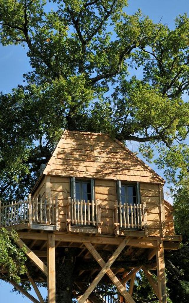 Cabane en bois dotée de deux fenêtres, avec une terrasse, perchée dans un arbre du Château de Labro