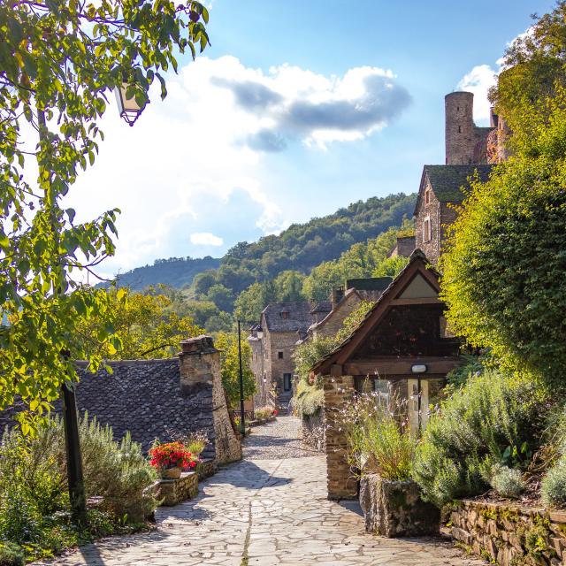 Ruelle pavée entre les maisons typiques en pierre de Belcastel