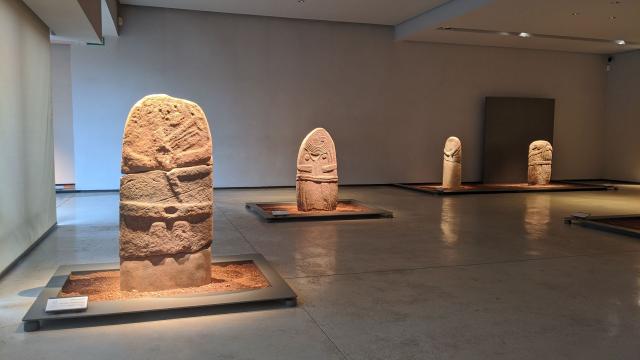 Statues-menhirs du musée Fenaille disposées autour de la Dame de Saint-Sernin dans une salle dédiée