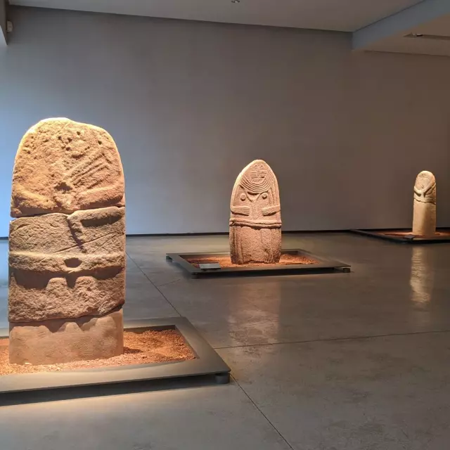 Statues-menhirs du musée Fenaille disposées autour de la Dame de Saint-Sernin dans une salle dédiée